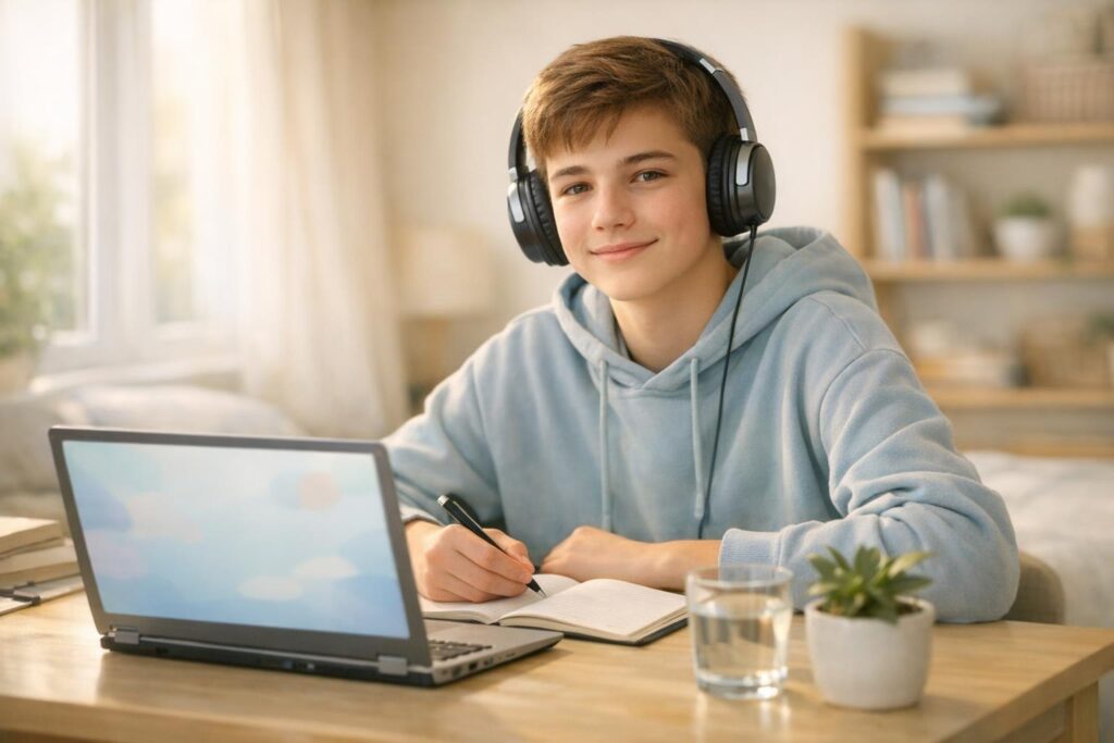 Adolescent avec casque audio suivant un cours d’anglais en ligne