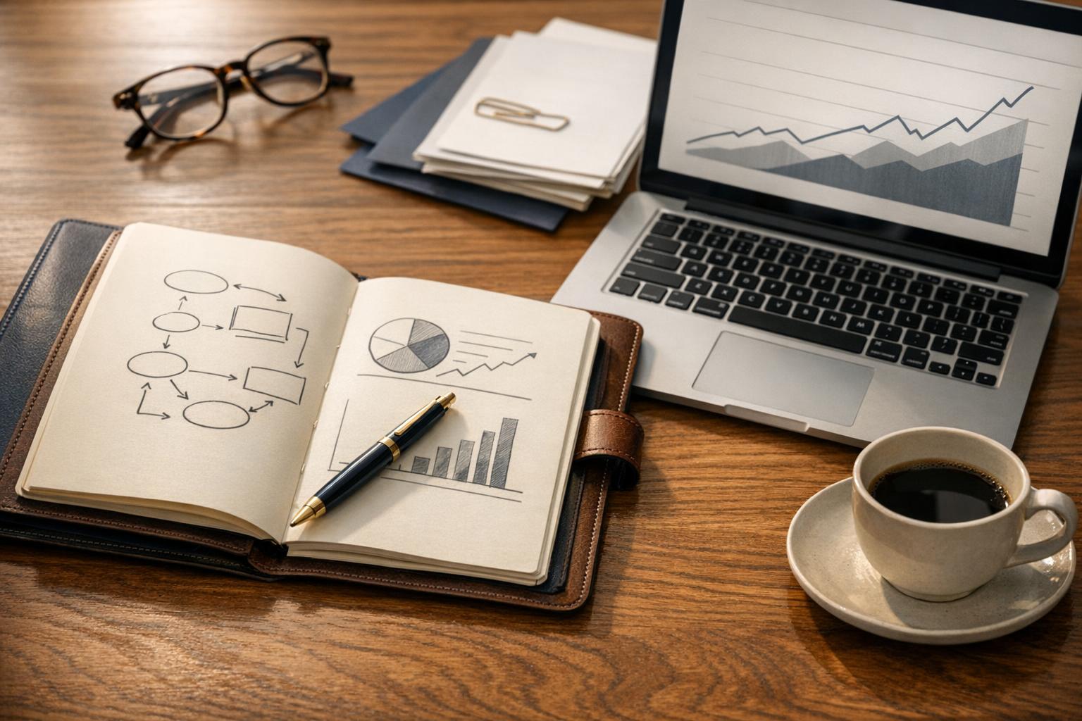 Bureau de conseiller en gestion de patrimoine avec documents financiers, carnet et ordinateur portable