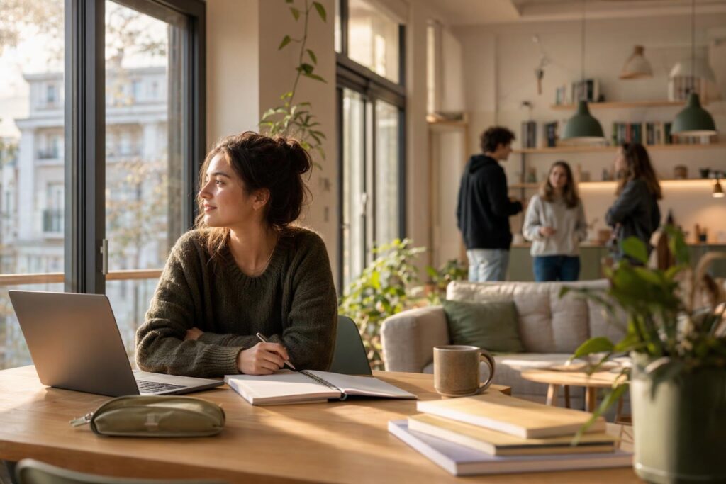 Étudiante travaillant au coworking d'une résidence étudiante moderne, espace lumineux avec plantes et mobilier scandinave