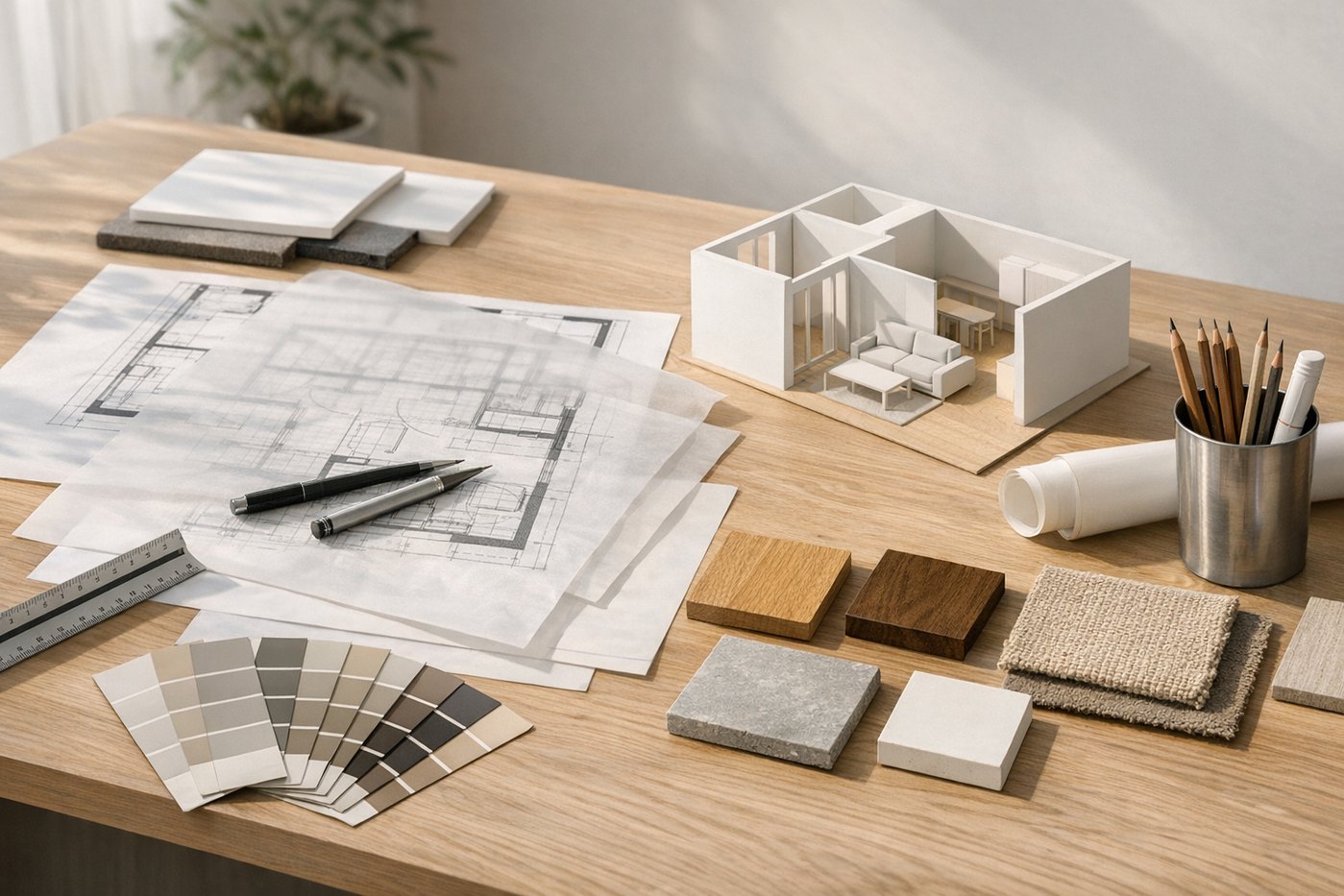 Plans, maquette et matériaux pour une formation en architecture d'intérieur
