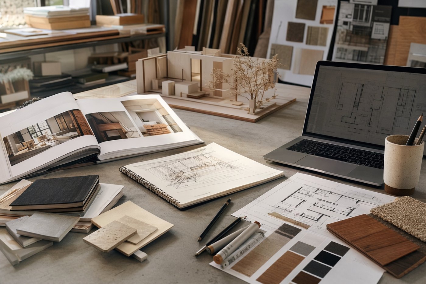 Portfolio, plans et maquette dans un atelier d'architecture d'intérieur