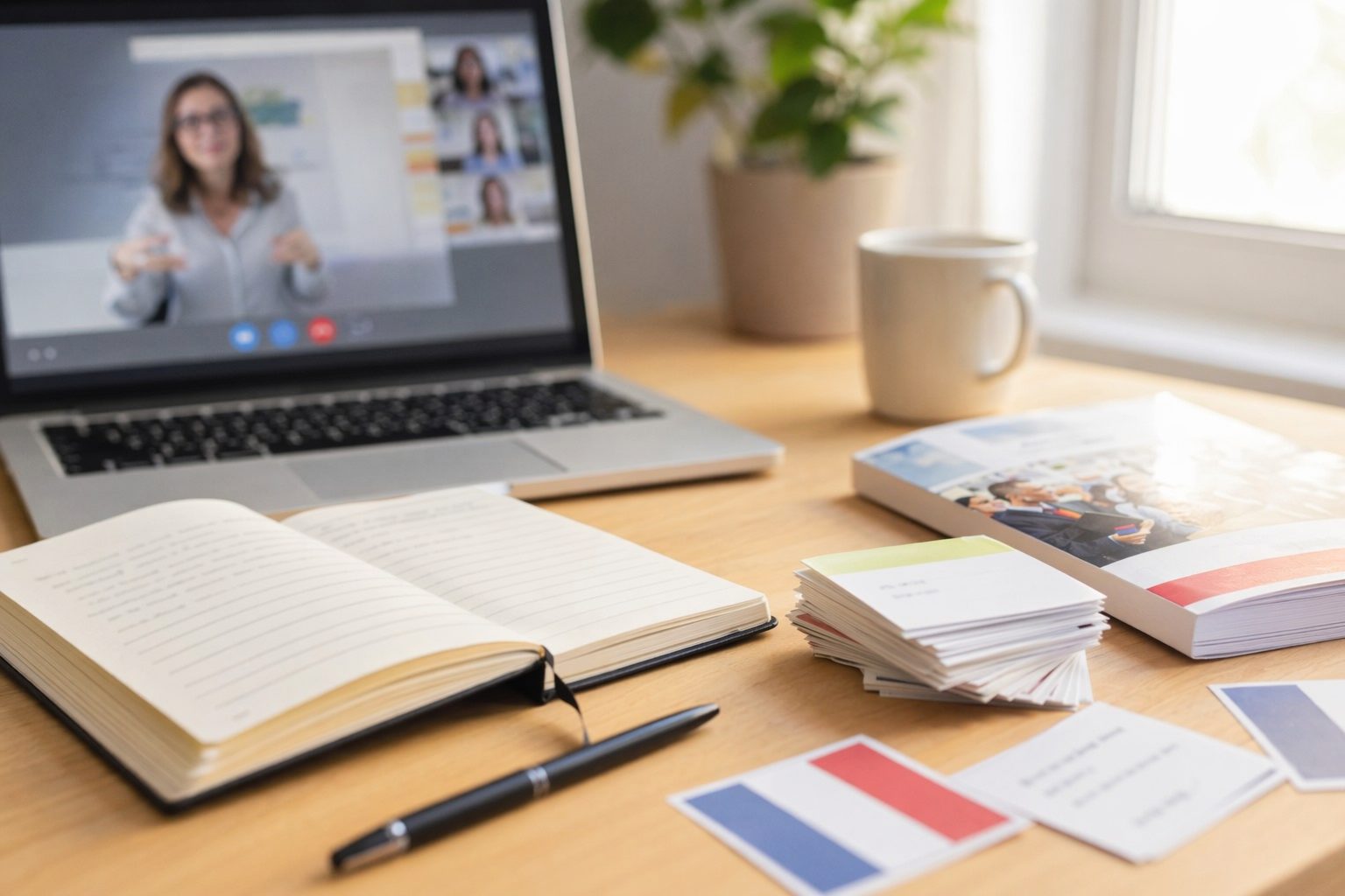 Bureau de travail avec supports pour apprendre le français langue étrangère