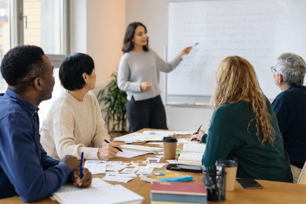 Adultes apprenant le français en formation FLE avec une formatrice