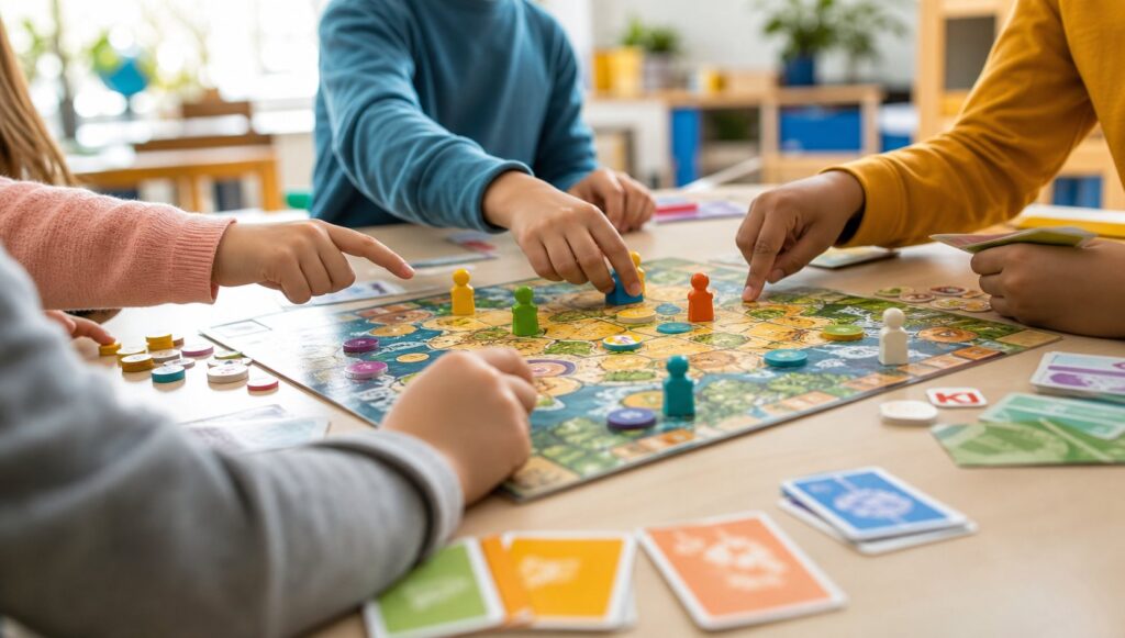 Élèves jouant ensemble à un jeu de plateau coopératif en classe
