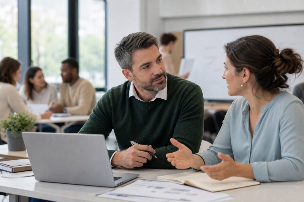 Adulte en reconversion échangeant avec une formatrice pendant une formation en alternance