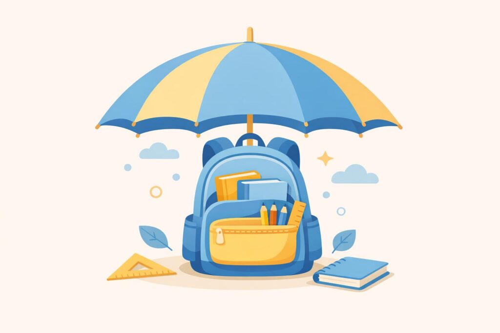 Cartable d'écolier protégé par un parapluie, illustration de l'assurance scolaire
