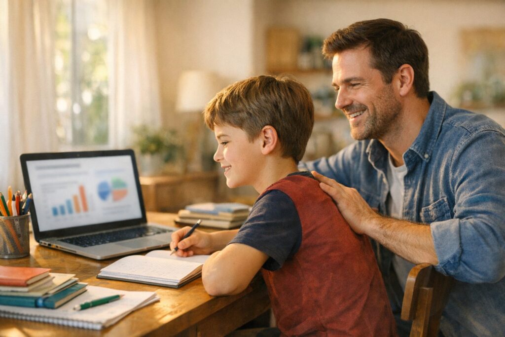 Enfant suivant une séance de soutien scolaire en ligne sur un ordinateur portable, accompagné par un parent