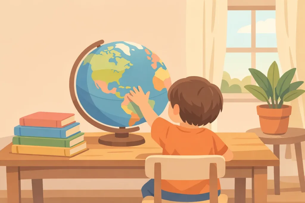 Enfant faisant tourner un globe terrestre à côté de livres de langues
