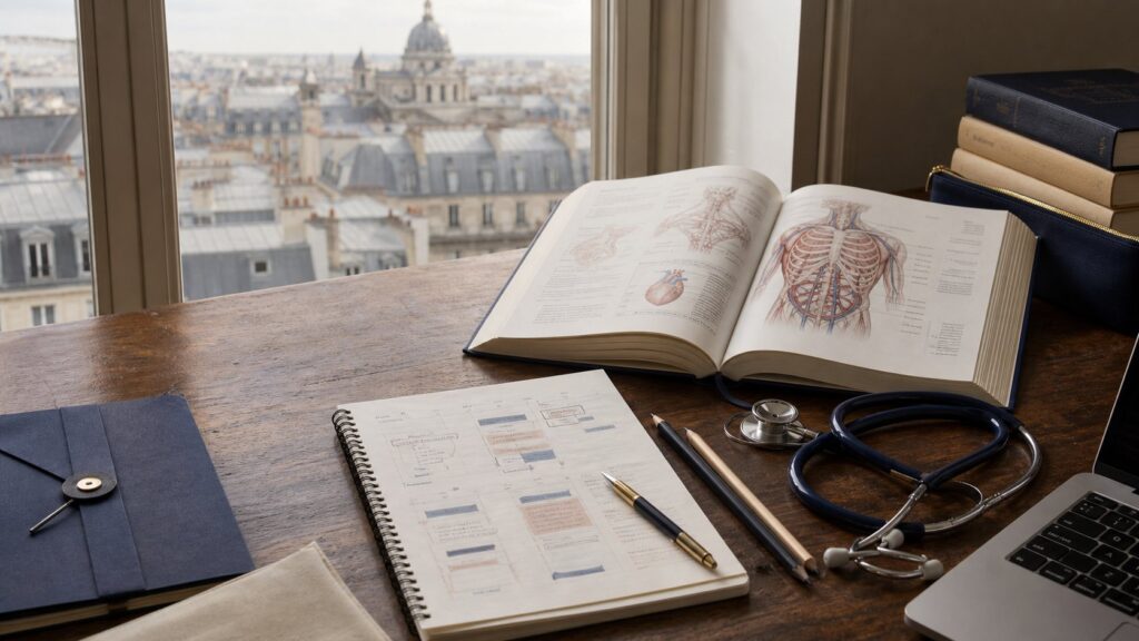 Bureau d’étudiant en médecine à Paris avec livre d’anatomie et stéthoscope