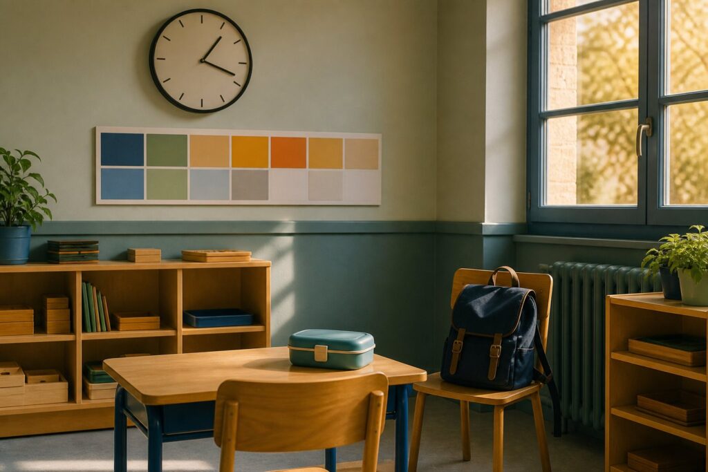 Salle de classe primaire avec horloge, cartable et boîte à repas