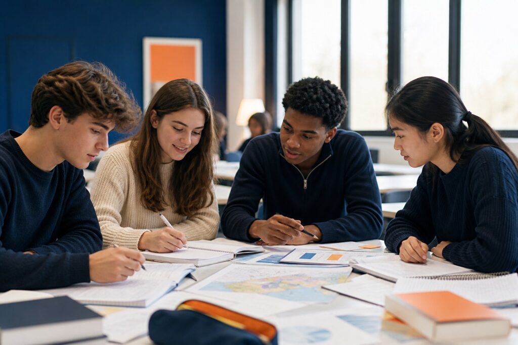 Étudiants de prépa ECG travaillant ensemble au lycée