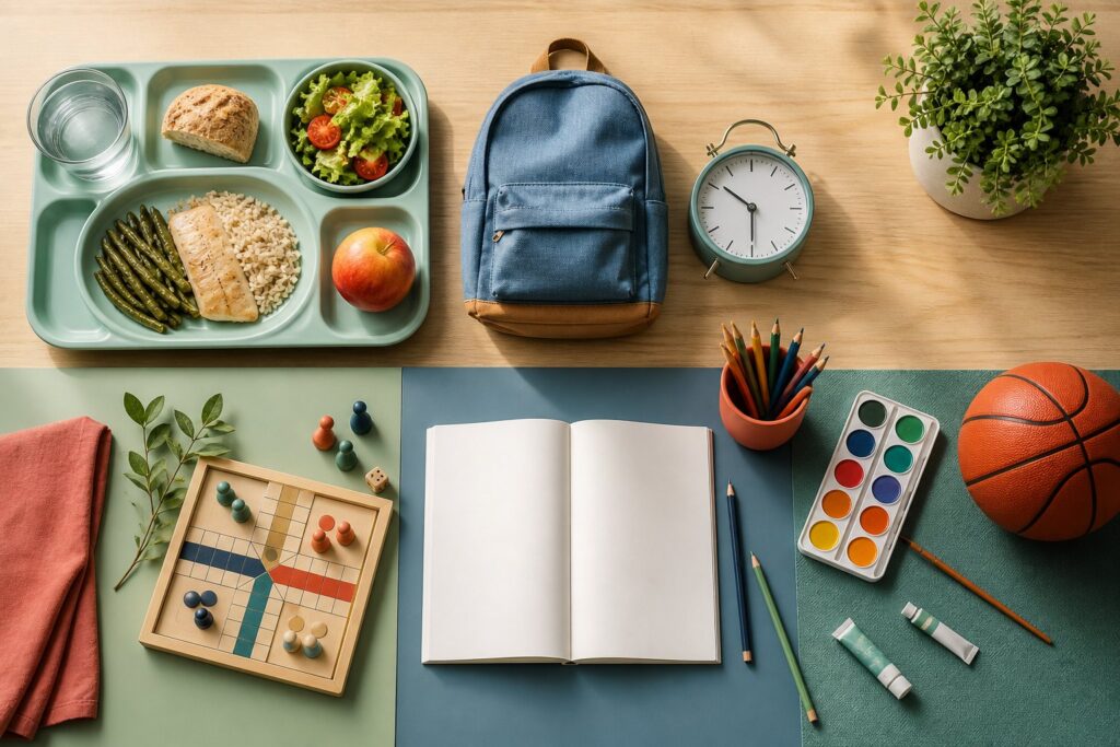 Plateau-repas, cartable, horloge et activités périscolaires
