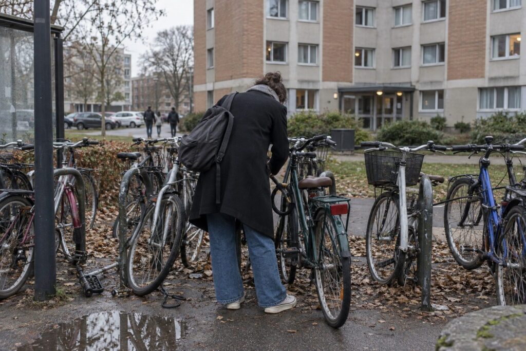 Étudiant attachant son vélo devant un bâtiment de campus universitaire le matin