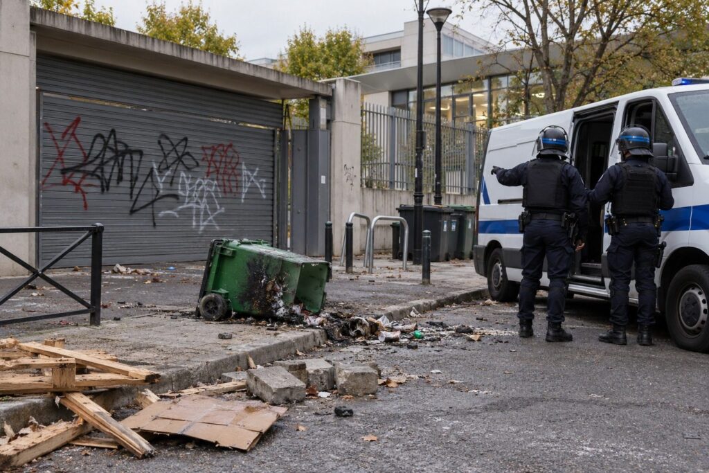 Portail métallique tagué d'un lycée avec débris et fourgon de police garé devant