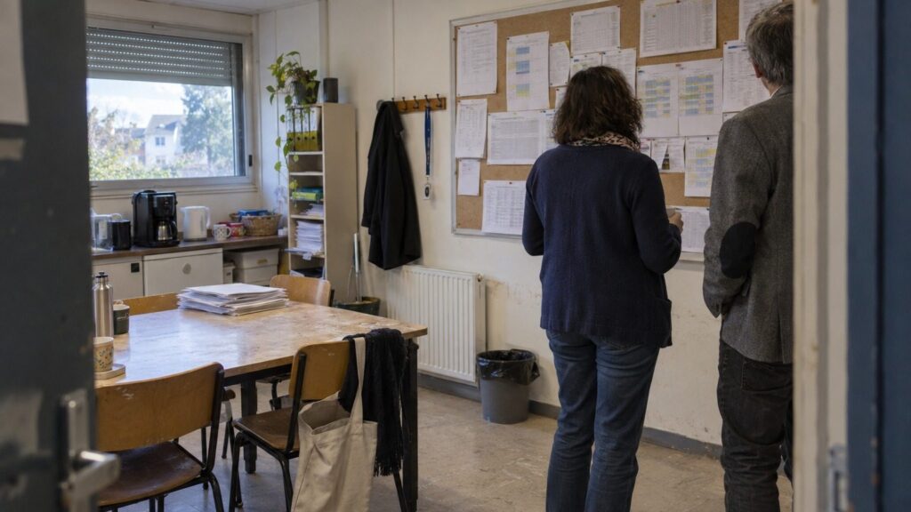 Deux enseignants adultes de dos consultent un tableau d'affectations affiché dans une salle des professeurs de lycée