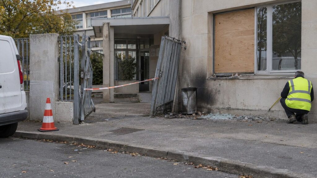 Portail de lycée tordu et vitre brisée à l'entrée d'un établissement, un agent adulte de dos prend des mesures