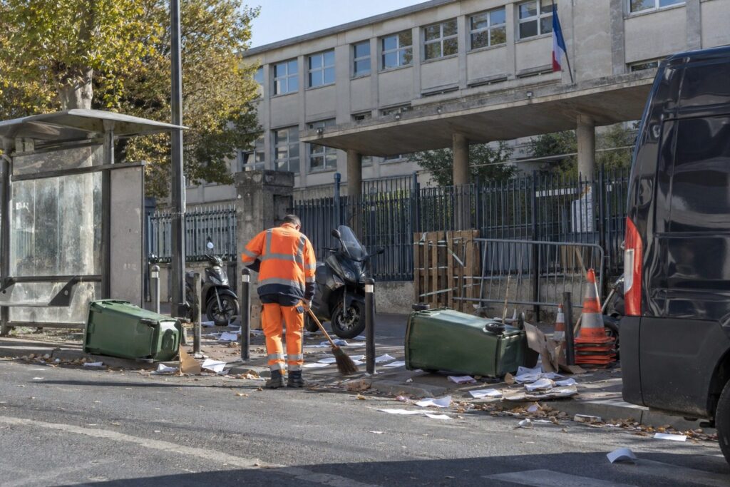 Un agent de propreté de dos balaie des poubelles renversées devant la grille d'un lycée, un fourgon de police en bord de cadre