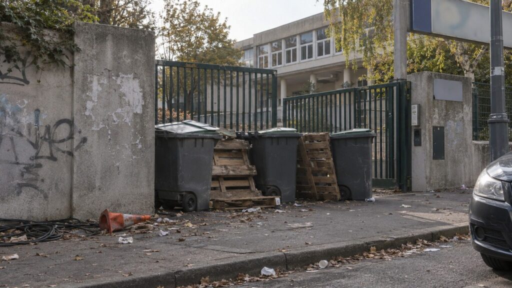 Entrée d'un lycée public après un blocus, bacs à roulettes et palettes devant la grille, déchets sur le trottoir