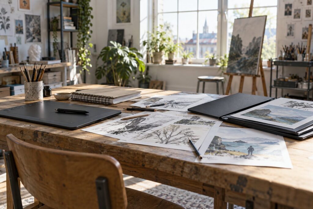 Atelier de création avec carnet, tablette graphique et portfolio artistique