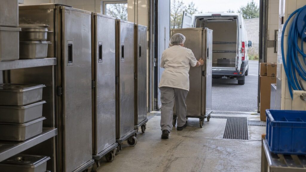 Chariots inox de livraison de repas alignés près d'une porte de service dans une cuisine de collège