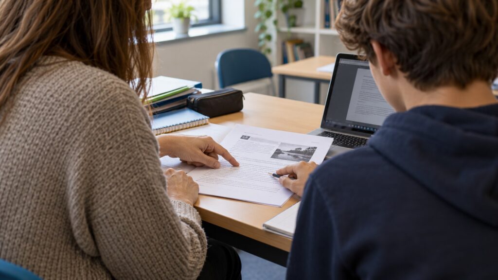Enseignant échangeant avec un élève autour d'un devoir maison