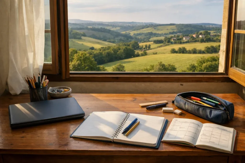 Bureau de collégien face aux collines du Tarn, cahiers et ordinateur fermé