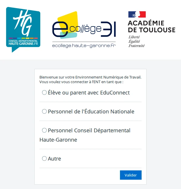 Page d’authentification de l’ENT eCollège 31 de la Haute-Garonne ouverte depuis le site du collège Daniel Sorano, avec les profils élève ou parent avec EduConnect, personnel de l’Éducation nationale, personnel du Conseil départemental et autre