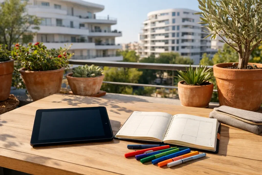 Tablette et agenda scolaire sur un balcon ensoleillé de Montpellier