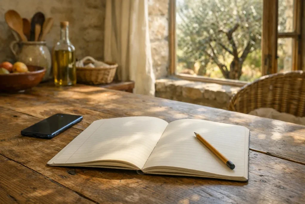 Cahier ouvert, crayon et téléphone sur une table de cuisine provençale