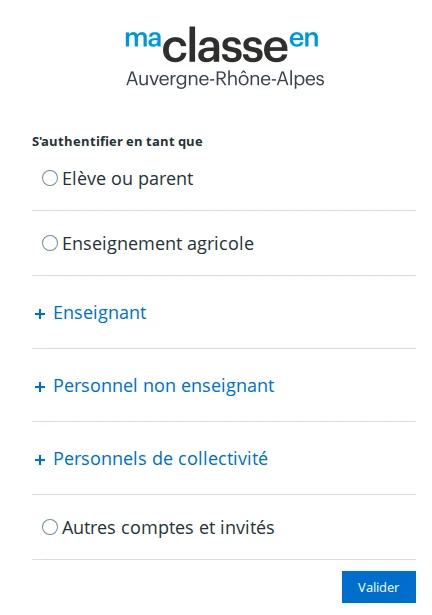 Page d’authentification de Ma Classe en Auvergne-Rhône-Alpes ouverte depuis le site du lycée de la Côtière, avec le choix du profil élève ou parent, enseignant ou personnel