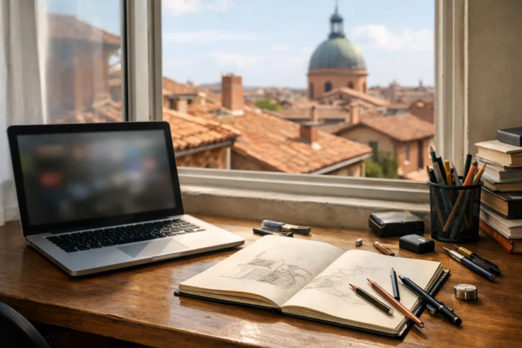 Bureau de lycéen avec carnet de croquis et toits de Toulouse en briques