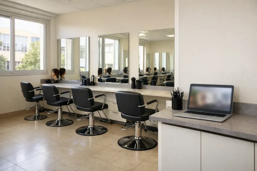 Salle de formation coiffure d'un lycée professionnel, miroirs et fauteuils