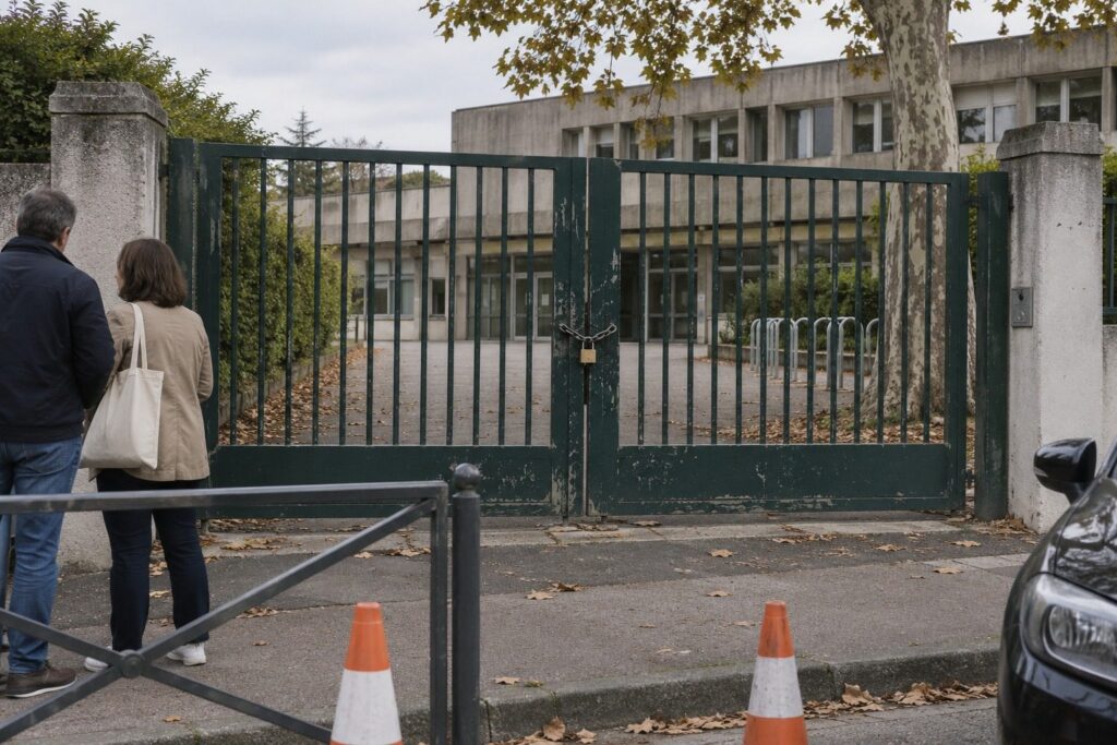 Deux adultes de dos devant le portail fermé d'un lycée, cour vide visible à travers les barreaux