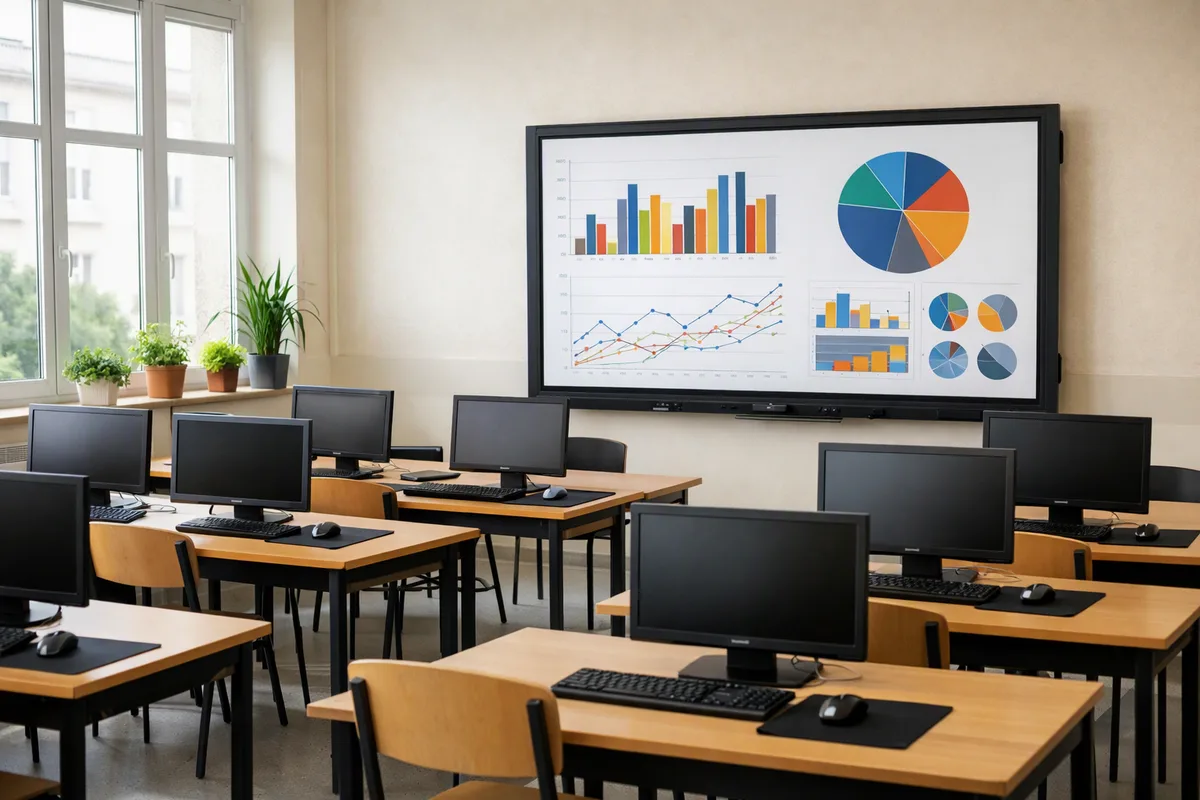Salle de classe de BTS avec postes informatiques et tableau interactif affichant des graphiques