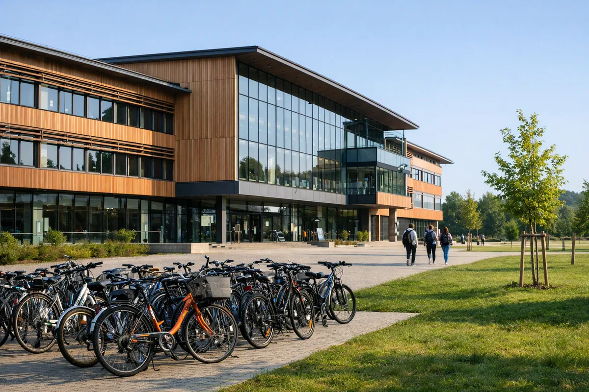 Bâtiment moderne d'un IUT en bois et verre avec vélos garés devant