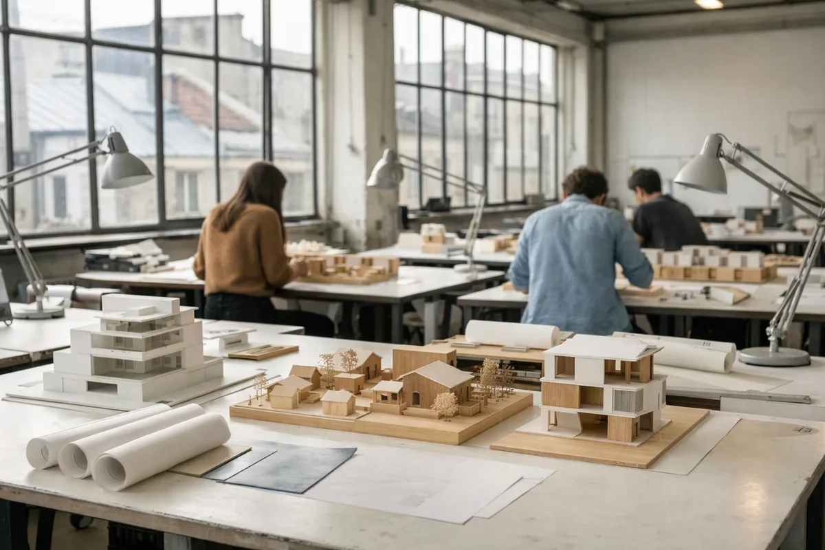 Atelier d'école d'architecture : tables à dessin, maquettes en carton et en bois, grandes fenêtres