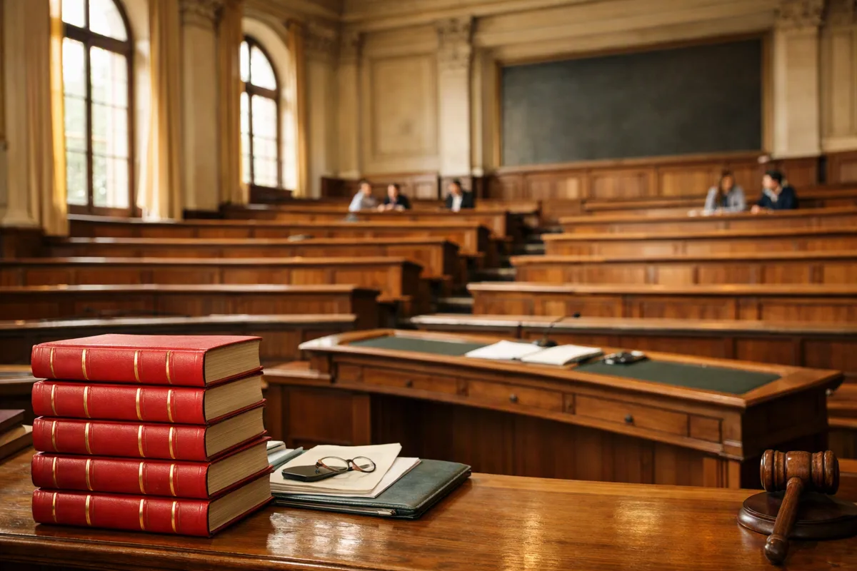 Amphithéâtre de faculté de droit avec gradins en bois et codes reliés rouges au premier plan