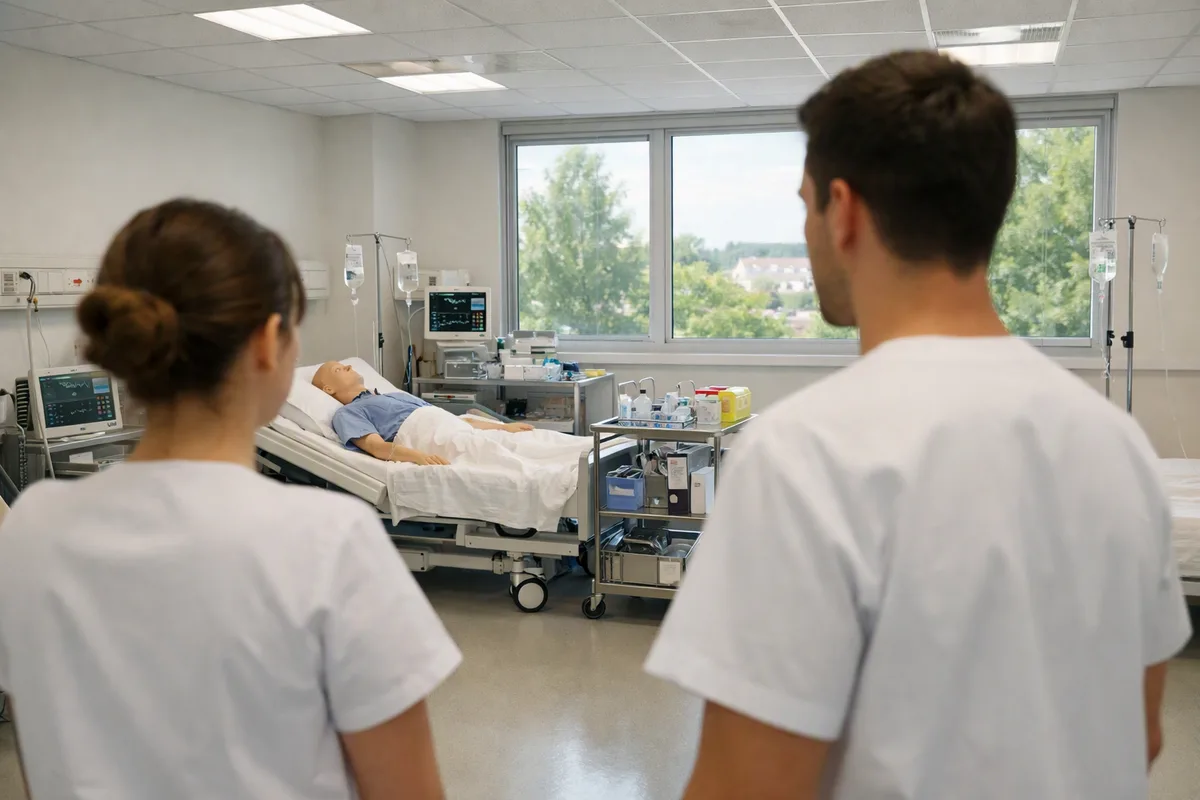 Salle de simulation d'un institut de formation en soins infirmiers avec lit d'hôpital et moniteurs