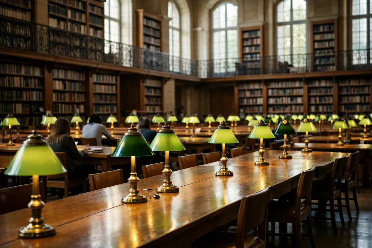 Salle de lecture d'une bibliothèque universitaire avec longues tables et lampes vertes