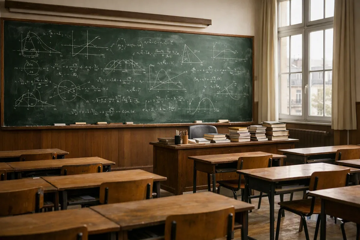 Salle de classe préparatoire : grand tableau couvert d'équations, rangées de bureaux en bois
