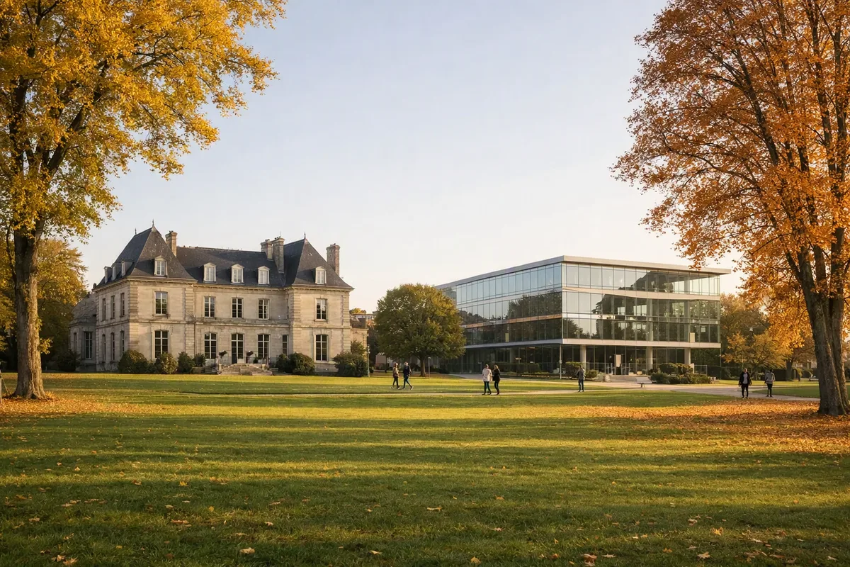 Campus d'une grande école de commerce française en automne, bâtiment ancien et bâtiment de verre