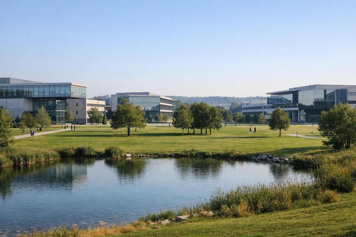 Campus d'une grande école d'ingénieurs : bâtiments de recherche vitrés, pelouse et plan d'eau