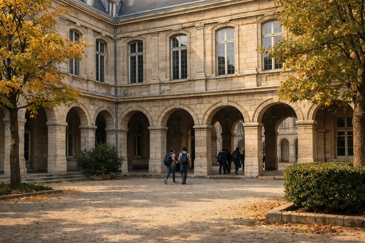 Cour intérieure d'un lycée historique à arcades en pierre, à l'automne