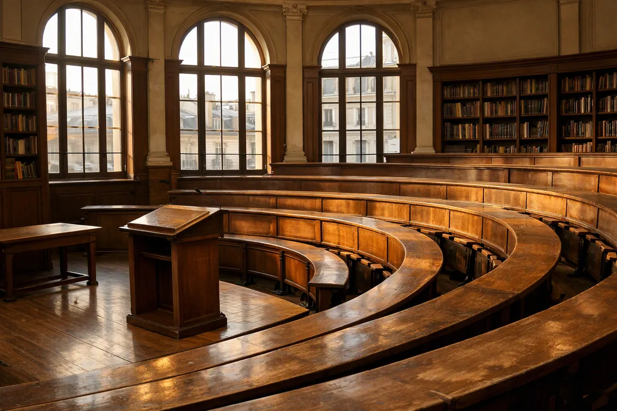 Amphithéâtre ancien d'un institut d'études politiques, bancs en bois et hautes fenêtres