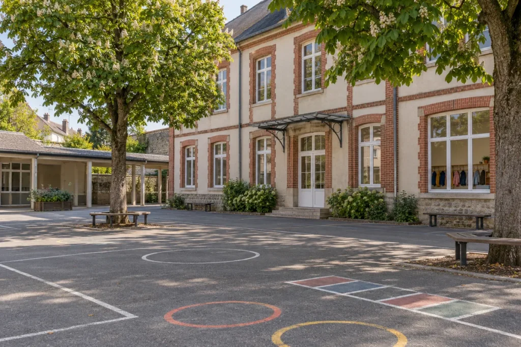 Cour d'école devant un bâtiment en brique et pierre, marelle peinte au sol