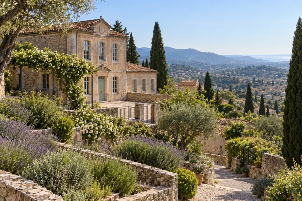 Bâtiment scolaire en pierre entouré de jardins en terrasses, collines provençales au loin