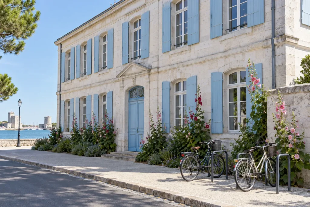 Façade d'école en pierre claire aux volets bleus et roses trémières, tours du port au loin