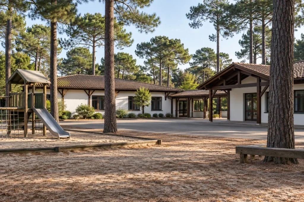 École de plain-pied sous les pins, aire de jeux et cour sablée
