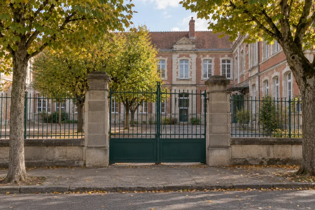 Ancienne école en brique rouge derrière une grille verte, cour arborée aux feuilles d'automne