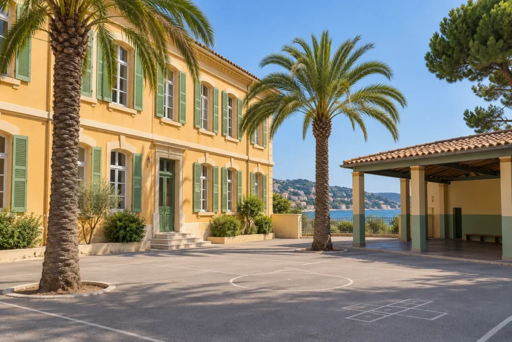 Cour d'école plantée de palmiers devant une façade jaune aux volets verts, la mer au loin